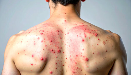 Man with red spots on his back. Red spots on the skin.の素材