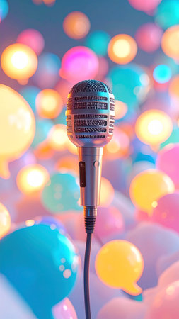 Microphone and colorful balloons on bokeh background, close upの素材