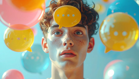 Close-up portrait of a boy with balloons in his hair.の素材