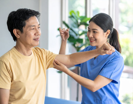 Asian senior patient and physiotherapist working together in the hospital.の素材