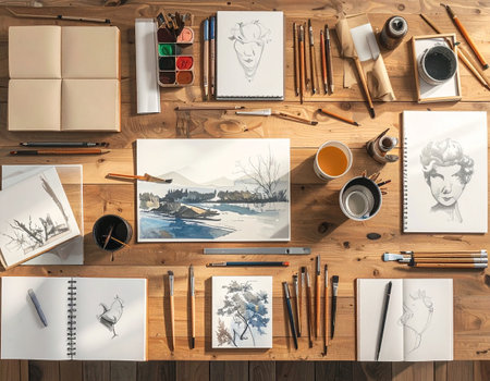 Top view of a wooden table with an artist's workplace with pencils, paints and a sketchbook.の素材