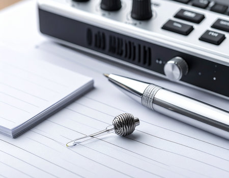 Pen, notebook and calculator on a desk. Shallow DOFの素材