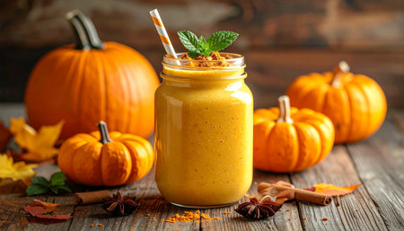 Pumpkin smoothie with cinnamon and spices on rustic backgroundの素材