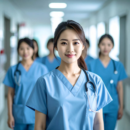 Portrait of a young female nurse standing in the corridor of a hospitalの素材