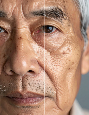 wrinkles on the face of an elderly woman before and after treatmentの素材