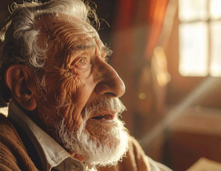 Portrait of a senior man with white beard in an old houseの素材