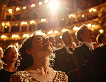 Young beautiful woman dancing on the stage in the evening with her friendsの素材