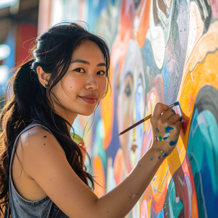 Young asian woman painting graffiti on the wall in a park.の素材