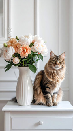 Beautiful siberian cat and peony flowers in vaseの素材