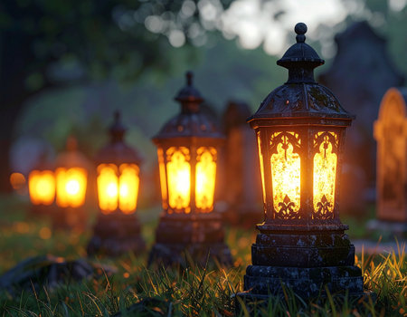Lanterns in the cemetery at sunset. Bokehの素材