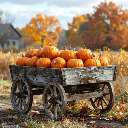 Harvested pumpkins in a wooden cart. Autumn background.の素材