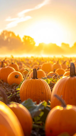 Ripe orange pumpkins on a pumpkin patch at sunset in autumnの素材