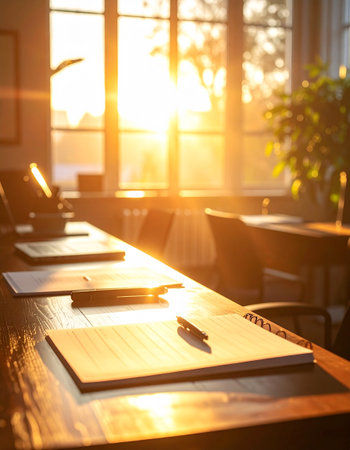 Close up of table and chairs in a modern office at sunset.の素材