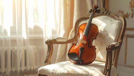 violin on a chair in a room with a large window.の素材