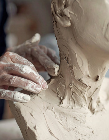 Close-up of a female potter working on a clay sculptureの素材