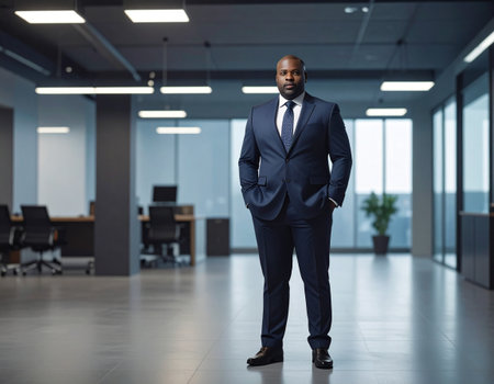 Full length portrait of confident african american businessman standing in officeの素材