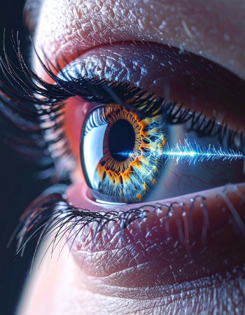 Close-up of beautiful female eye with glowing iris. Macro shotの素材