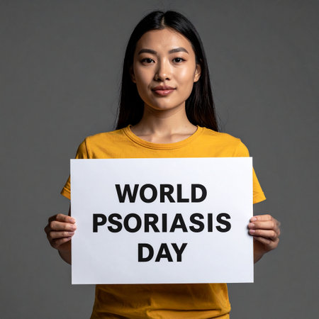 Young asian woman holding a white placard with the text World Psoriasis Dayの素材