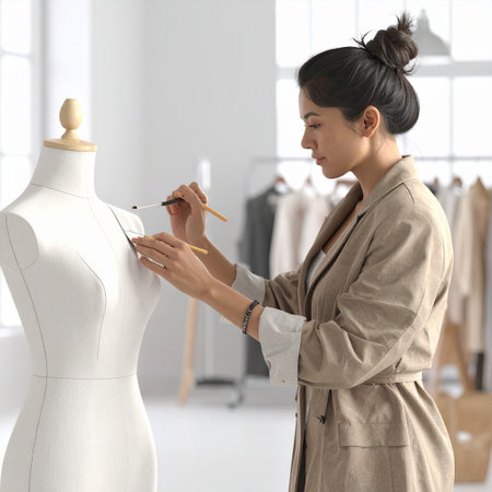 Fashion designer drawing sketches on fabric near mannequin in studioの素材