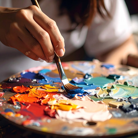 Close-up image of female artist painting picture on palette with oil paintsの素材