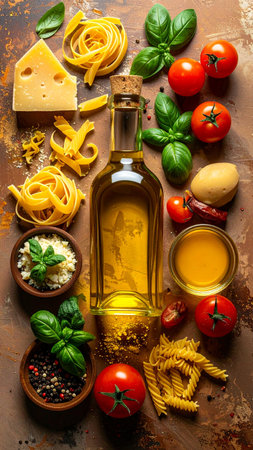 Italian food background. Ingredients for cooking pasta on rustic background.の素材