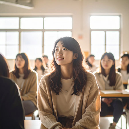 Young asian woman sitting in front of group of students in classroomの素材