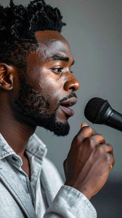 young african american man singing with microphone isolated on grey backgroundの素材