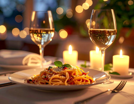 Spaghetti with parmesan and basil on a table in a restaurantの素材