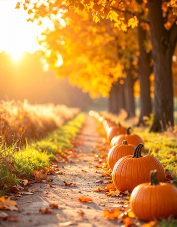 Halloween pumpkins on the road in the autumn forest. Halloween background.の素材