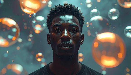Portrait of young african american man looking at camera while standing against glowing spheresの素材