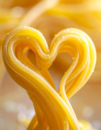 spaghetti with a heart shape on a yellow background close-upの素材
