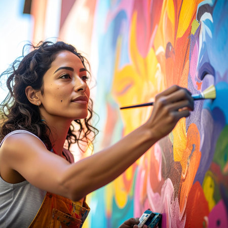 Portrait of a beautiful young woman artist painting a colorful graffiti on the wall outdoors.の素材