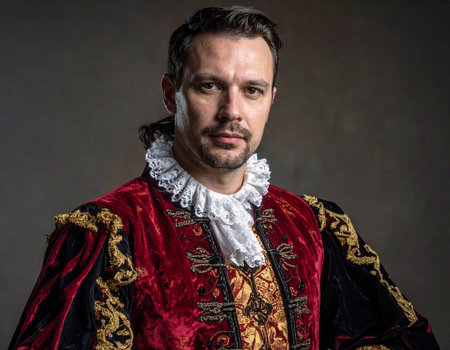 Portrait of a handsome man in medieval costume. Studio shot.の素材