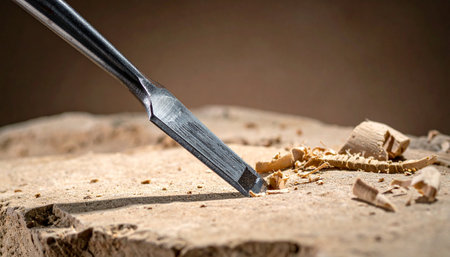 Close-up of a chisel with a wooden handle on a piece of woodの素材