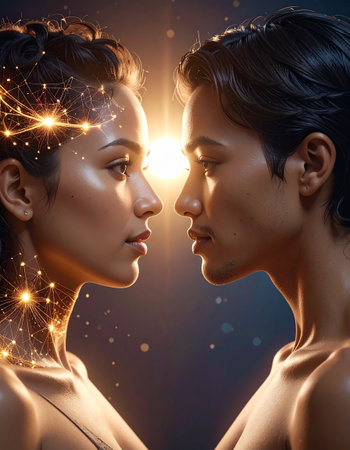 Portrait of a beautiful couple with sparkles on a dark backgroundの素材