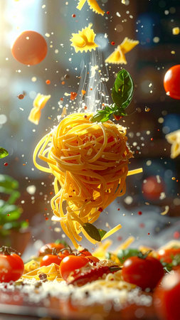 Flying pasta with vegetables and spices on kitchen table, close-upの素材