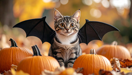 Cute tabby kitten with bat wings sitting among pumpkins in autumn parkの素材