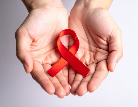 Female hands holding red ribbon on grey background. World AIDS day conceptの素材