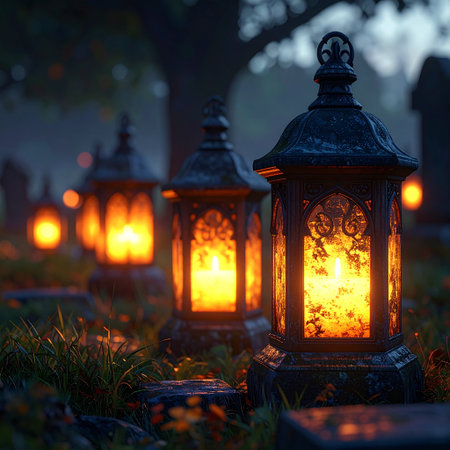 Lanterns in the cemetery at night. Halloween background.の素材