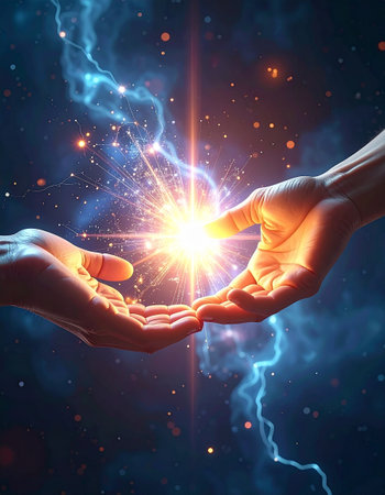 Conceptual image of human hands holding lightbulb in spaceの素材