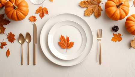 Table setting with pumpkins and autumn leaves on white background, top viewの素材