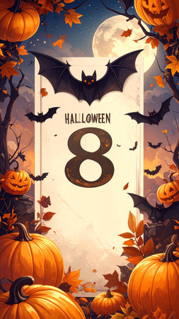 Halloween background with pumpkins, bats and moon. Vector illustration.の素材