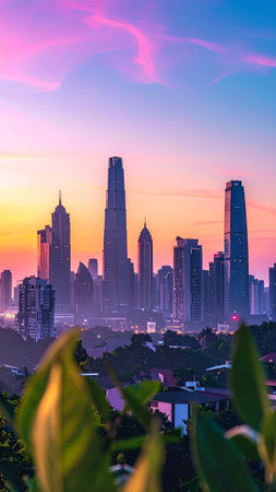 Beautiful view of skyscrapers at sunset in Kuala Lumpur, Malaysiaの素材