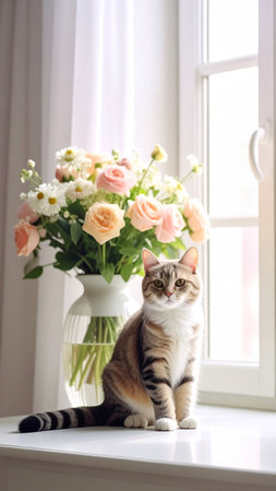 Cute cat and bouquet of flowers on window sill at homeの素材