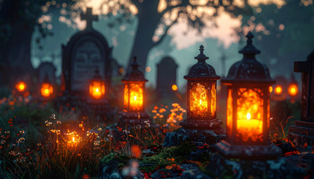 Grave lanterns in a cemetery at night. Halloween concept.の素材
