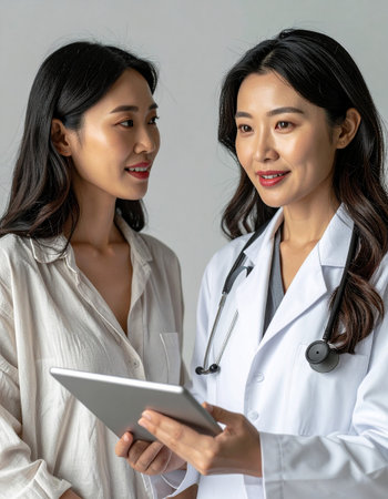 Two asian female doctors using digital tablet and looking at each otherの素材
