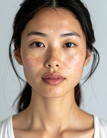 Portrait of young beautiful Asian woman with freckles on her faceの素材