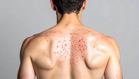 Man with red spots on his back. Red spots on the skin.の素材