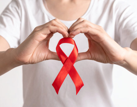 Woman hands holding red ribbon on white background. World AIDS day conceptの素材
