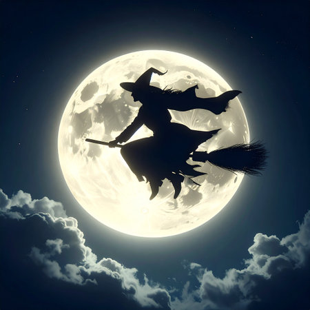 Silhouette of witch flying on broomstick on full moon backgroundの素材